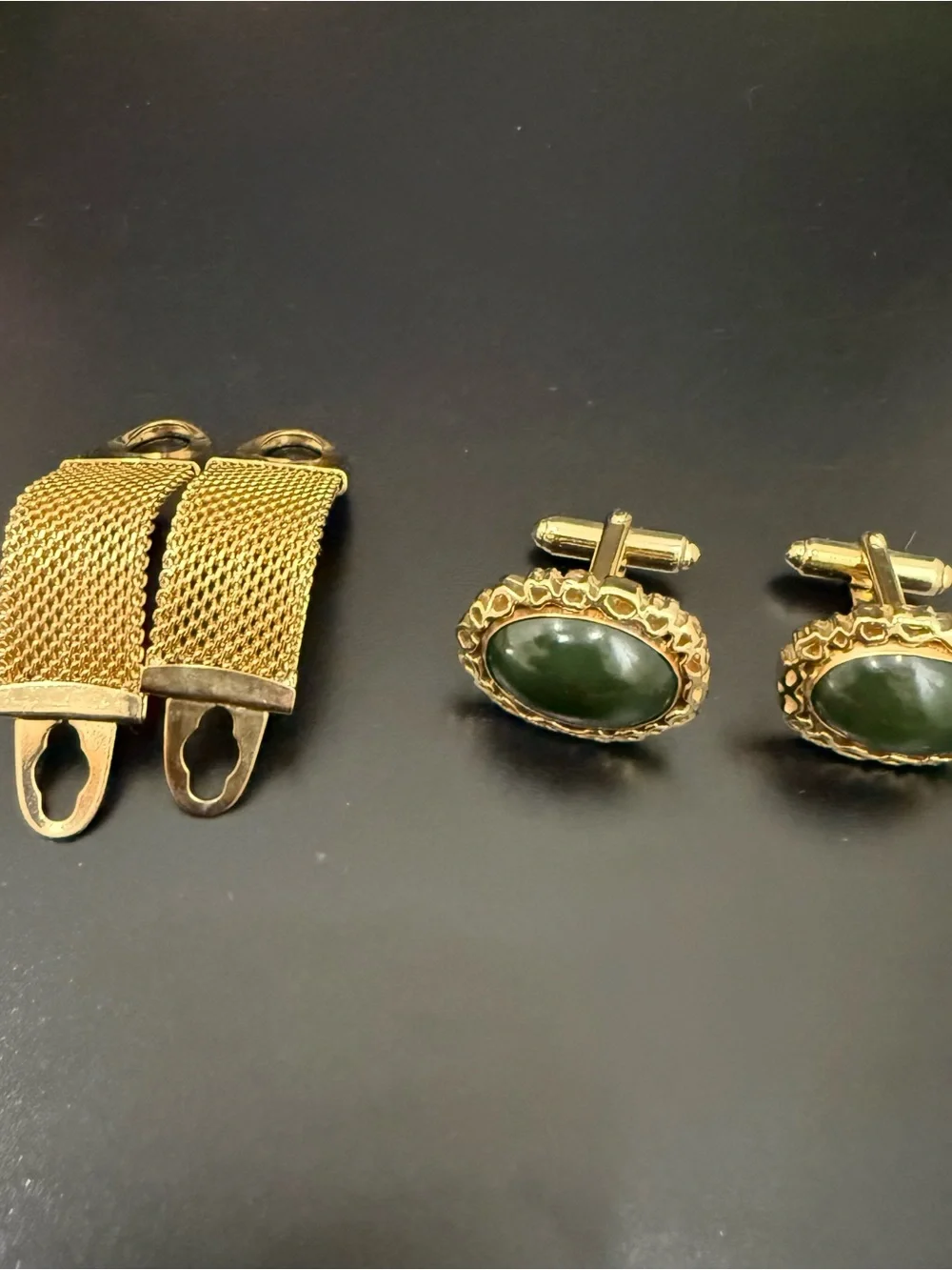 Vintage ANSON Gold-tone Faux Jade Green Stone Cabochon Mesh Cufflinks